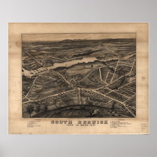 Poster 1877 South Berwick ME Birds Eye View Panoramic Map (Devant)