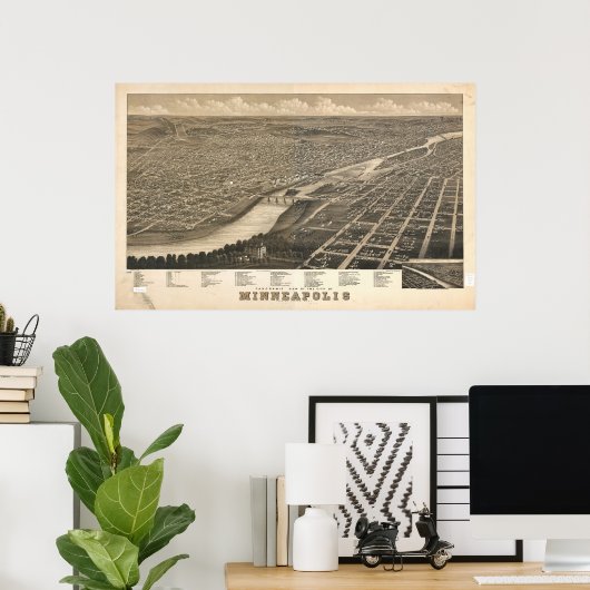 Poster 1879 Minneapolis, MN Oiseaux Vue panoramique Carte (Bureau à domicile)