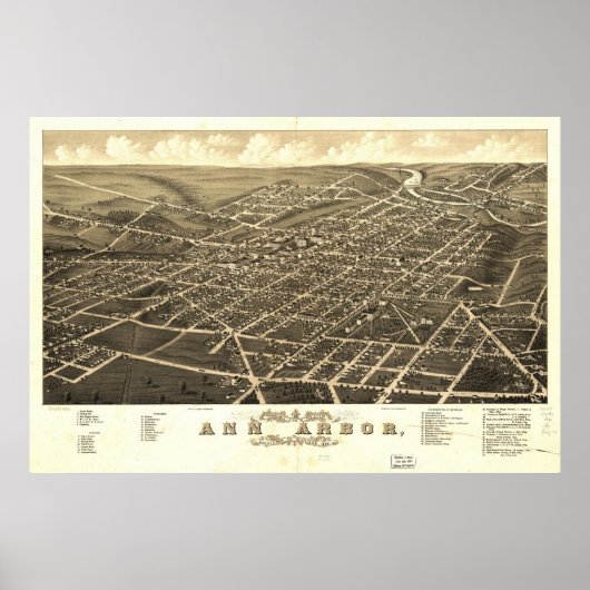 Poster 1880 Ann Arbor, MI Birds Eye View Panoramic Map (Devant)
