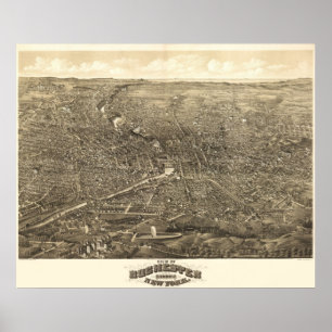 Poster 1880 Rochester, carte panoramique de vue d'oeil