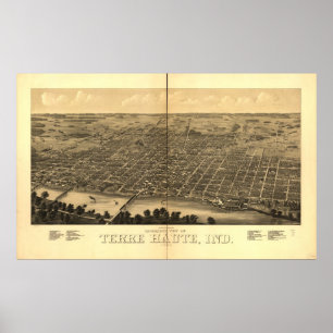 Poster 1880 Terre Haute, IN Oiseaux Vue panoramique Carte