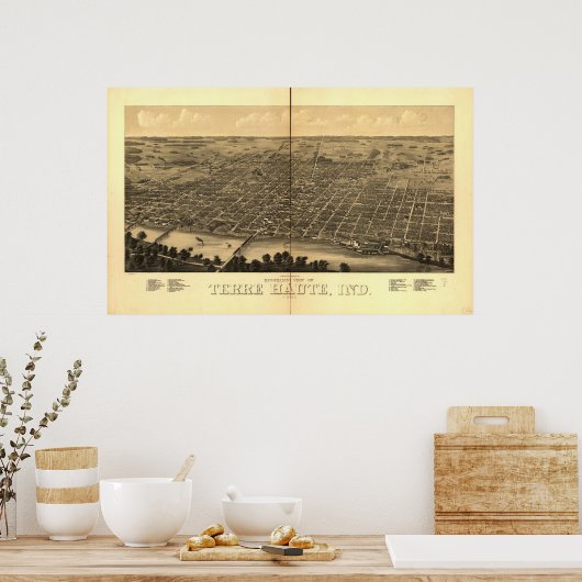 Poster 1880 Terre Haute, IN Oiseaux Vue panoramique Carte (Cuisine)