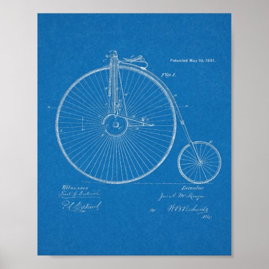 Poster 1881 Conception de vélos à grande roue Brevet d'ar (Devant)