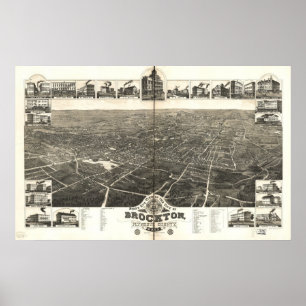 Poster 1882 Brockton, MA Oiseaux Vue panoramique Carte