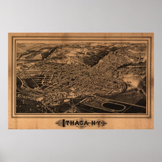 Poster 1882 Ithaca, NY Oiseaux Vue panoramique Carte (Devant)
