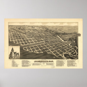 Poster 1883 Jamestown, carte panoramique de vue d'oeil