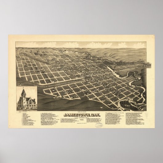 Poster 1883 Jamestown, ND Oiseaux Vue panoramique Carte (Devant)