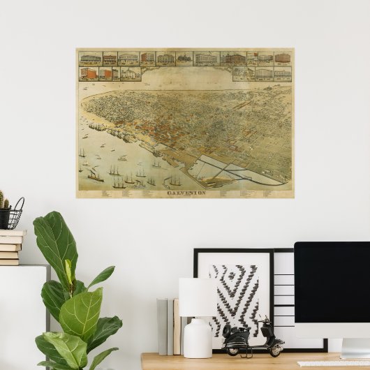 Poster 1885 Galveston, TX Oiseaux Vue panoramique Carte (Bureau à domicile)
