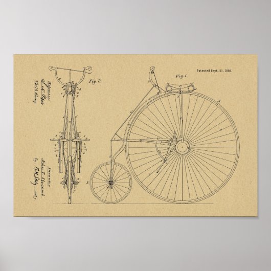 Poster 1886 Haute Roulette Conception de Vélo Brevet Art (Devant)