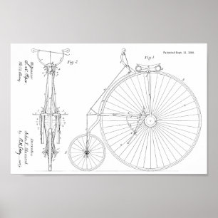 Poster 1886 Haute Roulette Conception de Vélo Brevet Art 
