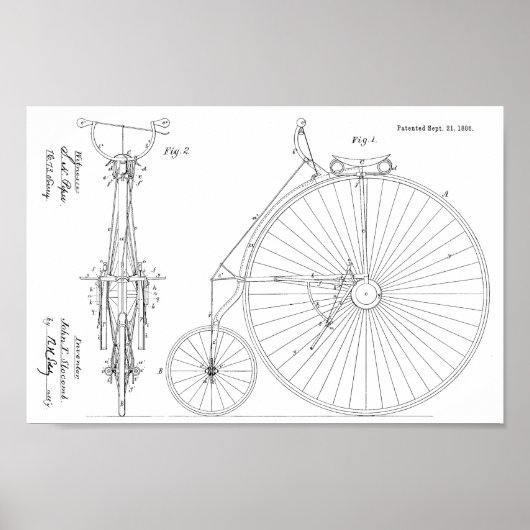 Poster 1886 Haute Roulette Conception de Vélo Brevet Art (Devant)