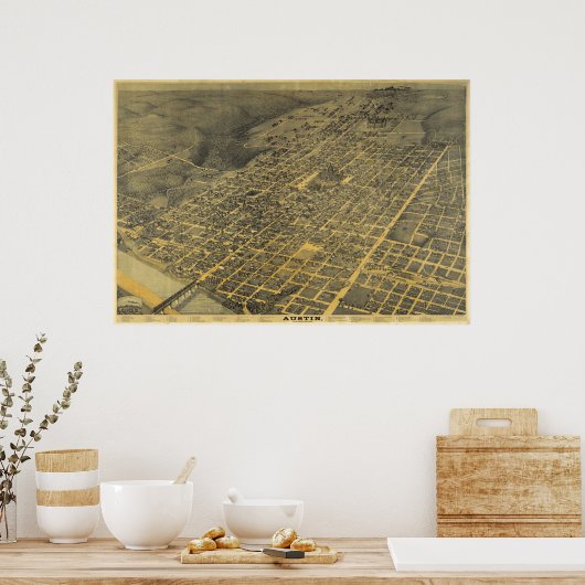 Poster 1887 Austin, TX Oiseau Vue panoramique (Cuisine)