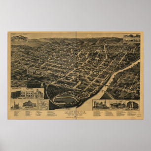 Poster 1887 Macon, GA Oiseaux Vue panoramique Carte