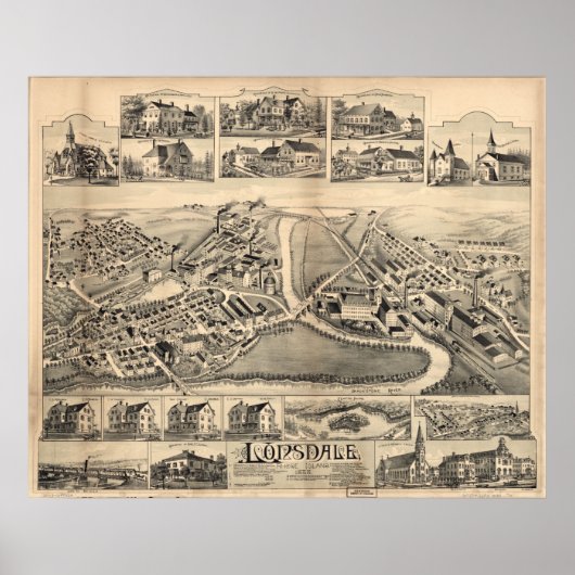 Poster 1888 Lonsdale, Lincoln, RI Birds Eye Panoramic Map (Devant)