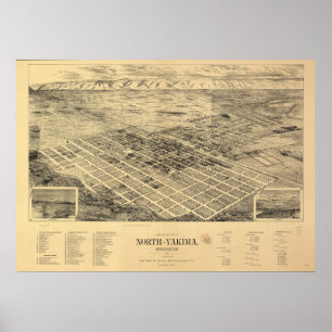 Poster 1889 North Yakima, WA Oiseaux Vue panoramique Cart