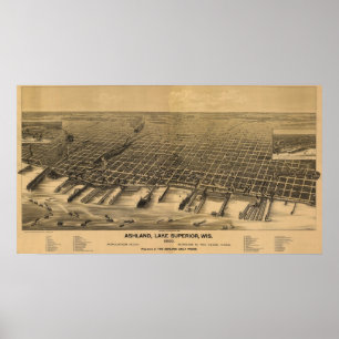 Poster 1890 Ashland, WI Oiseaux Vue panoramique Carte