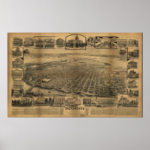 Poster 1890 Sacramento CA Oiseaux Vue panoramique