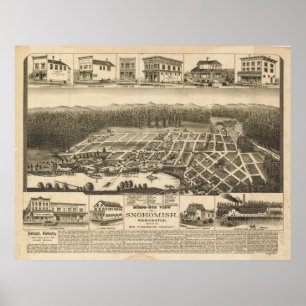 Poster 1890 Snohomish, WA Oiseaux Vue panoramique Carte