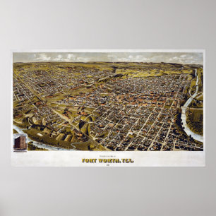 Poster 1891 carte de Fort Worth, vue d'oeil d'oiseaux de