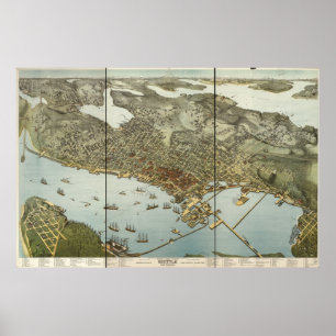 Poster 1891 Seattle, carte panoramique de vue d'oeil