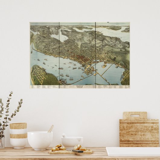 Poster 1891 Seattle, WA Oiseaux Vue panoramique (Cuisine)