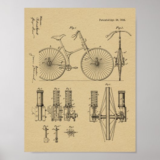Poster 1892 Bicycle Suspension Design Brevet Art Imprimer (Devant)