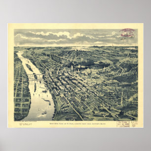 Poster 1893 Saint Paul, MN Oiseaux Vue panoramique Carte
