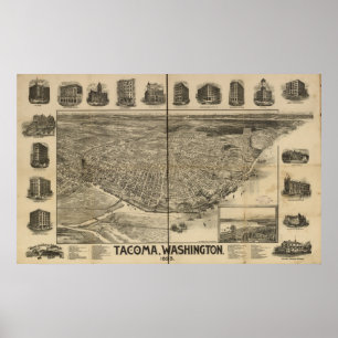 Poster 1893 Tacoma, WA Oiseaux Vue panoramique Carte