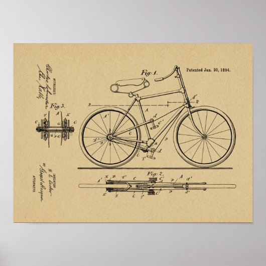 Poster 1894 Brevet de bicyclette propulsé au levier Art (Devant)