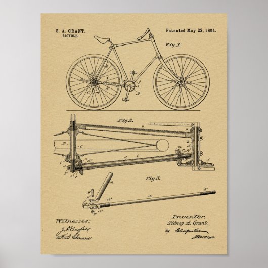 Poster 1894 Conception de bicyclettes sans chaines Brevet (Devant)