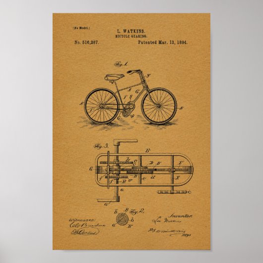 Poster 1894 Vintage Brevet d'engrenage à bicyclette Impri (Devant)