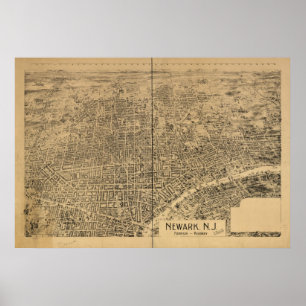 Poster 1895 Newark, carte panoramique de vue d'oeil