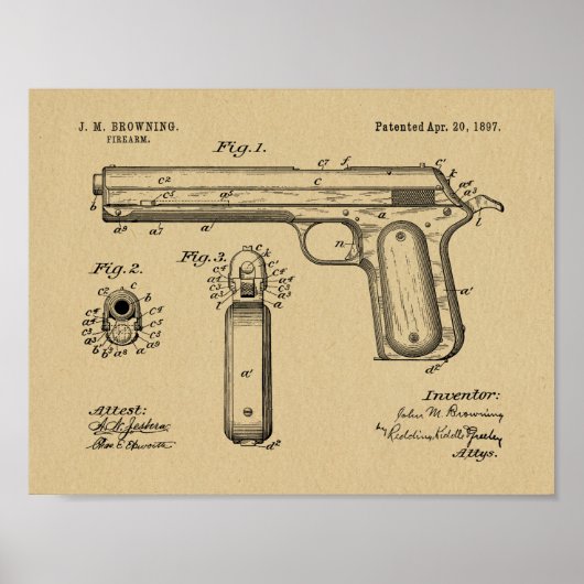 Poster 1897 Browning Gun Brevet Art Dessin Imprimer (Devant)