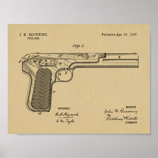 Poster 1897 Browning Gun Brevet Art Dessin Imprimer (Devant)