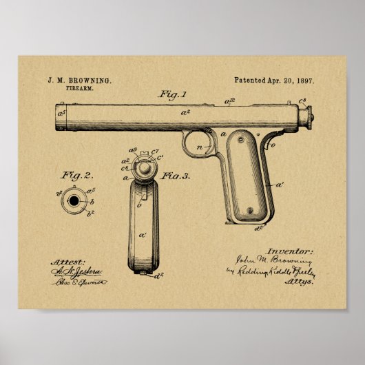 Poster 1897 Browning Gun Brevet Art Dessin Imprimer (Devant)