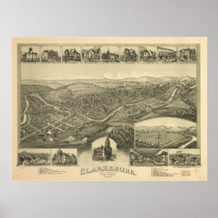 Poster 1898 Clarksburg, WV Bird's Eye Panoramic Map