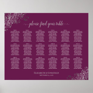 Poster 18 Table Wedding Seating Chart Silver on Cassis