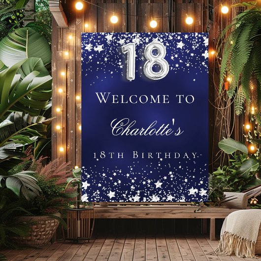 Poster 18e anniversaire bleu argent étoiles bienvenue