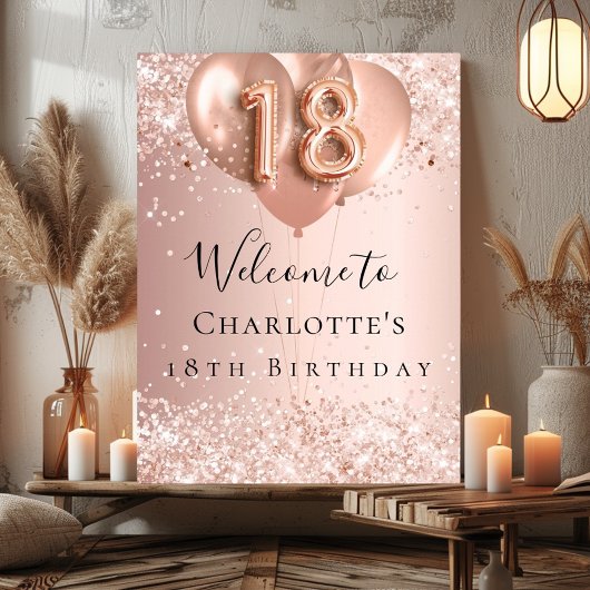Poster 18e anniversaire blush roses ballons d'or bienvenu