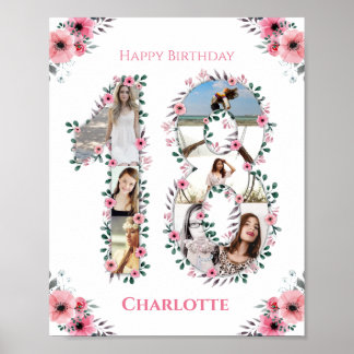 Poster 18e anniversaire Fille rose Photo Collage Blanc