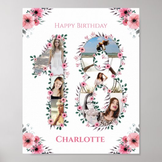 Poster 18e anniversaire Fille rose Photo Collage Blanc (Devant)