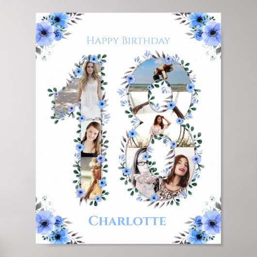 Poster 18e anniversaire Fleur Bleue Photo Collage Blanc (Devant)