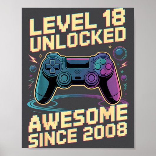 Poster 18th Birthday Boy Gift Level 18 Gamer 2008 18 Year (Devant)