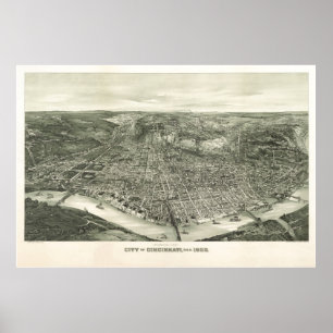 Poster 1900 Cincinnati, OH Oiseaux Vue panoramique Carte