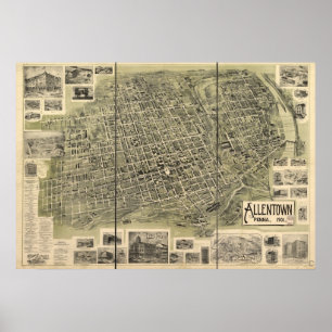 Poster 1901 Allentown, PA Birds Eye View Panoramic Map