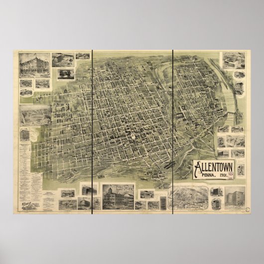 Poster 1901 Allentown, PA Birds Eye View Panoramic Map (Devant)