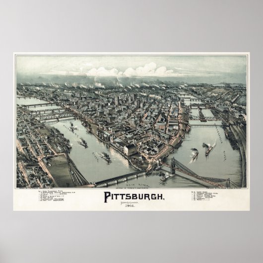 POSTER 1902 CARTE DESSINÉE À LA MAIN DE PITTSBURGH (Devant)