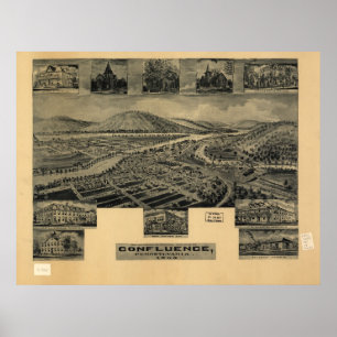 Poster 1905 Confluence, PA Oiseaux Vue panoramique Carte