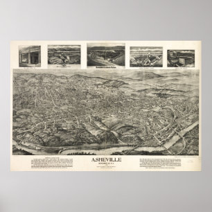 Poster 1912 Asheville, NC Oiseaux Vue panoramique Carte