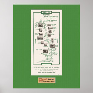 Poster 1914 carte, LA vers Long Beach